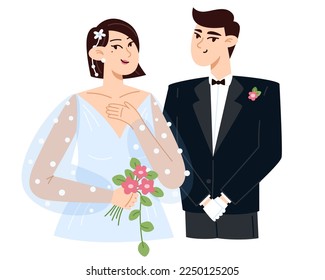 Bride with a bouquet of flowers and groom at the wedding, flat style illustration