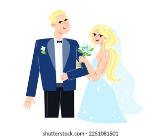 Bride with a bouquet of flowers and groom at the wedding, flat style illustration