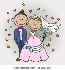Bride with a bouquet and groom on a gray background