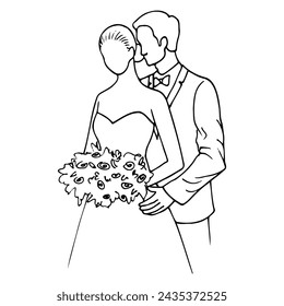 bride with a bouquet and the groom are standing nearby, he leaned against her back and pressed his face to her head. hand drawn illustration in silhouette of woman and man