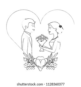 bride with bouquet and groom wedding day in heart
