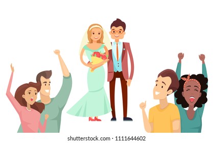 Bride with bouquet and happy groom in cute suit, vector illustration isolated on white background, wedding party, cheerful newlyweds couple just married