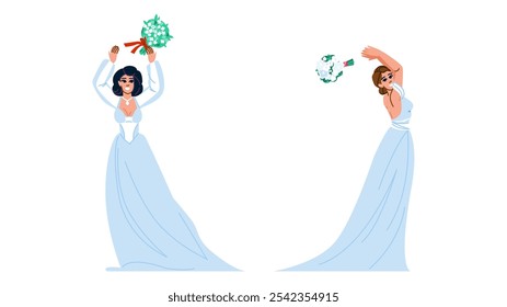 bride bouquet toss  vector.  reception catch, fun ritual, event custom bride bouquet toss character. people flat cartoon illustration