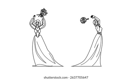 bride bouquet toss vector. reception catch, fun ritual, event custom bride bouquet toss character. people black line pencil drawing illustration