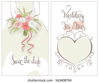 Bride with bouquet / Vector illustration, card, invitation, gentle young bride with flowers