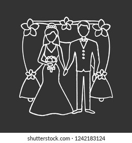 Bride and bridegroom chalk icon. Wedding arch photozone.Newlywed. Just married couple.  Fiance, fiancee. Wedding agency. Isolated vector chalkboard illustration