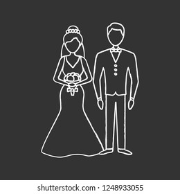 Bride and bridegroom chalk icon. Wedding ceremony. Newlywed. Just married couple.  Fiance, fiancee. Wedding agency. Isolated vector chalkboard illustration