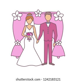 Bride and bridegroom color icon. Wedding arch photozone.Newlywed. Just married couple.  Fiance, fiancee. Wedding agency. Isolated vector illustration