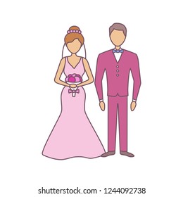 Bride and bridegroom color icon. Wedding ceremony. Newlywed. Just married couple.  Fiance, fiancee. Wedding agency. Isolated vector illustration