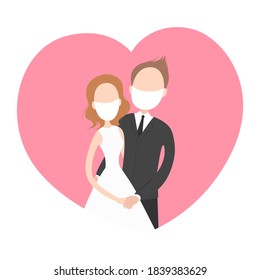 Bride and bridegroom in face masks. Vector illustration.