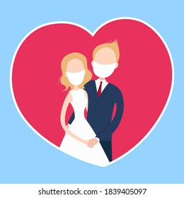 Bride and bridegroom in face masks. Wedding card. Vector illustration.