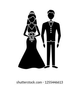 Bride and bridegroom glyph icon. Wedding ceremony. Newlywed. Just married couple.  Fiance, fiancee. Wedding agency. Silhouette symbol. Negative space. Vector isolated illustration