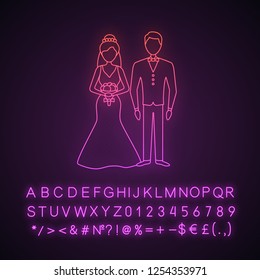 Bride and bridegroom neon light icon. Wedding ceremony. Newlywed. Just married couple.  Fiance, fiancee. Wedding agency. Glowing sign with alphabet, numbers and symbols. Vector isolated illustration