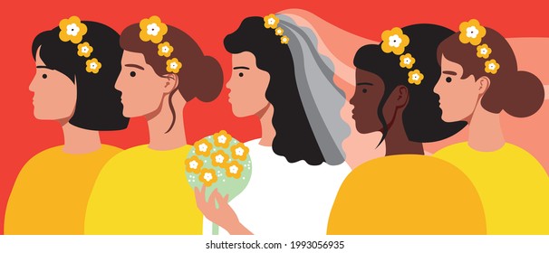 The bride with the bridesmaid. Flat vector stock illustration. Guests at the wedding. Bridesmaids in dresses. Beautiful women. Wedding Dress. Vector graphics