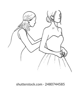 bride and bridesmaid - hand drawn line sketch. female dressmaker helps with dress to woman in bustier dress