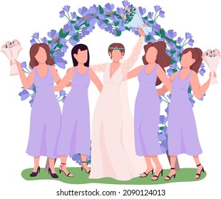 Bride with bridesmaid at reception semi flat color vector characters. Posing figures. Full body people on white. Wedding isolated modern cartoon style illustration for graphic design and animation