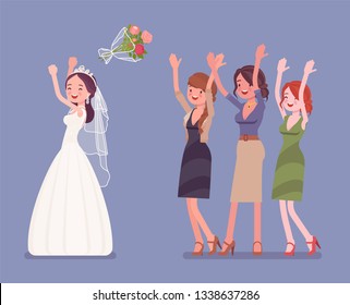 Bride And Bridesmaids In Bouquet Toss Tradition On Wedding Ceremony. Woman In A Beautiful White Dress Throwing Flowers On Traditional Celebration. Marriage Customs And Traditions. Vector Illustration