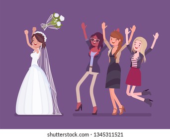 Bride and bridesmaids in bouquet toss tradition on wedding ceremony. Latin American woman in beautiful white dress throwing flowers on celebration. Marriage customs and traditions. Vector illustration