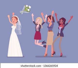 Bride and bridesmaids in bouquet toss tradition on wedding ceremony. Woman in a beautiful white dress throwing flowers on traditional celebration. Marriage customs and traditions. Vector illustration