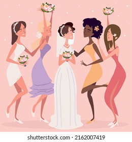 bride and bridesmaids and bouquets