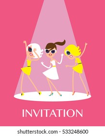 Bride   bridesmaids dancing  Vector illustration  Wedding invitation design 