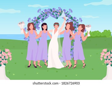 Bride with bridesmaids flat color vector illustration. Wedding celebration. Floral arch photozone for guests. Flower gate. Women in dresses 2D cartoon characters with landscape on background