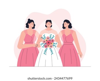 Novia con damas de honor caminando por el pasillo, ilustración vectorial de la boda.