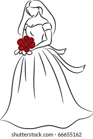 Bride with bunch of flowers, sketch, vector illustration