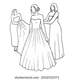 bride in a bustier dress stands with her bridesmaids who are adjusting her dress and hem. hand drawn bride before wedding