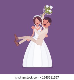 Bride carrying groom on wedding ceremony. Latin American man, woman in a beautiful white dress on traditional celebration, married couple in love. Marriage customs and traditions. Vector illustration