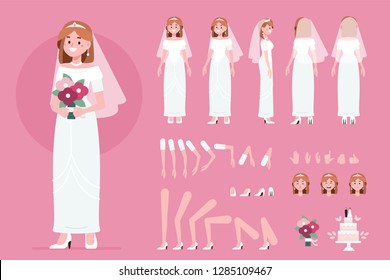 Bride character constructor for animation. Front, side and back view. Flat cartoon style illustration isolated on white background.