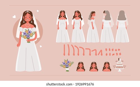 Bride Character Constructor for Animation. Front, Side and Back View. Cute Girl wearing Wedding Dress in Different Postures. Body Parts Collection. Flat Cartoon Vector Illustration.