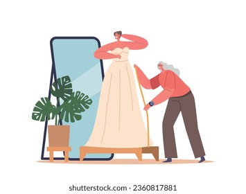 Bride Character Stands at Full-length Mirror, Elegantly Draped In A Tailor-measured Wedding Dress, Radiating Beauty