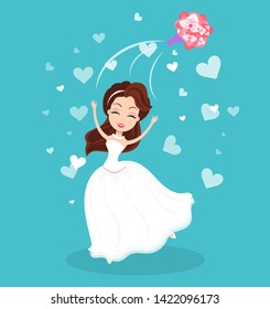 Bride character in white dress throwing bouquet, portrait view of happy woman with flowers, traditional wedding ceremony, blue card with hearts vector