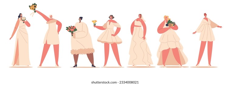 Bride Characters Wear Elegant Dresses On Wedding Day, Adorned With Lace, Beading, Or Embroidery, Vector Illustration