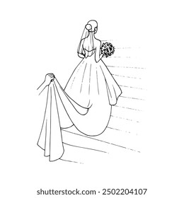  bride climbs the steps of the stairs, her hem is supported by the bridesmaid - hand-drawn sketch