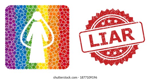 Bride collage icon of spheric dots in various sizes and spectrum colored color tints, and Liar textured rosette stamp seal. A dotted LGBT-colored Bride for lesbians, gays, transgenders, and bisexuals.