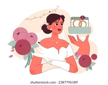 Concepto de novia. Una novia radiante admira los anillos de boda, con elegantes flores a su lado, encapsuladas por un fondo pastel. Momentos preciosos. Ilustración vectorial plana.