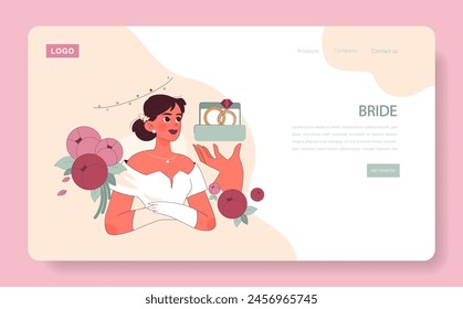 Bride concept. Radiant bride admiring wedding rings, with elegant flowers by her side, encapsulated by a pastel background. Precious moments. Flat vector illustration.