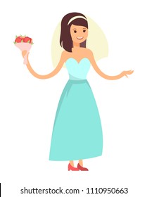 Bride dancing and smiling, woman wearing long blue dress, holding bouquet made of red roses, cartoon vector illustration isolated on white background.