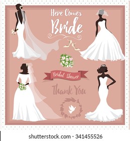 Bride in Different Wedding Dress, border, frames, lettering, retro design, flowers bouquet. Bridal shower 