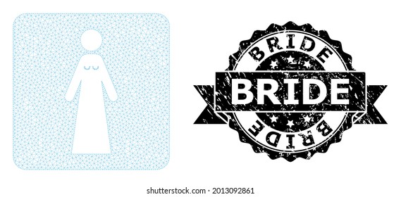 Bride dirty stamp seal and vector bride mesh model. Black stamp contains Bride text inside ribbon and rosette. Abstract flat mesh bride, built from flat mesh.