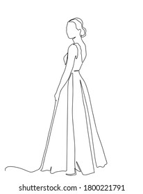 Bride drawing in one continuous line. One line of a bride wearing a wedding dress. Marriage Concept . Beautiful woman in dress. Vector illustrator.