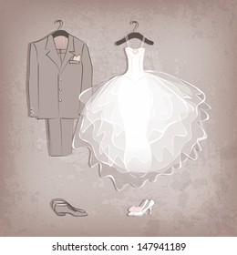 bride dress and groom's suit on grungy background - vector illustration