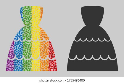 Bride dress mosaic icon of round dots in variable sizes and rainbow color tones. A dotted LGBT-colored Bride dress for lesbians, gays, bisexuals, and transgender