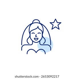 Bride in dress and veil and star. Dream wedding, top-rated service package. Pixel perfect, editable stroke vector icon