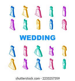 bride dress white bouquet icons set vector. bridal wedding, woman beauty, fashion marriage, groom ceremony, love beautiful bride dress white bouquet isometric sign illustrations