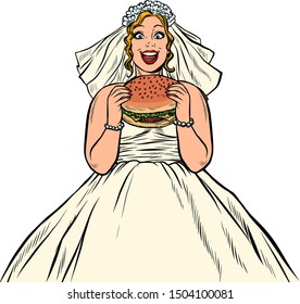 Bride eats fast food Burger. Hungry woman. Pop art retro vector illustration drawing