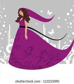 Bride in elegant violet dress. Vector illustration