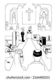 Bride entering the church with a long row of household appliances looking at her and her future husband and priest at the end. Conceptual and ironic illustration about housewives and the woman role.